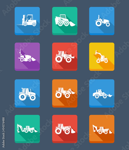 Vector collection tractor and gray silhouettes. icons