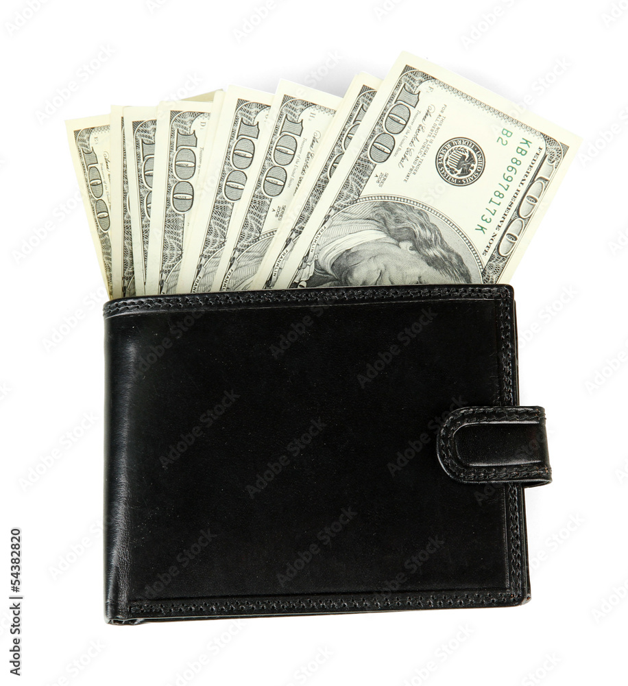 Wallet with hundred dollar banknotes, isolated on white Wallet with hundred dollar banknotes, isolated on white