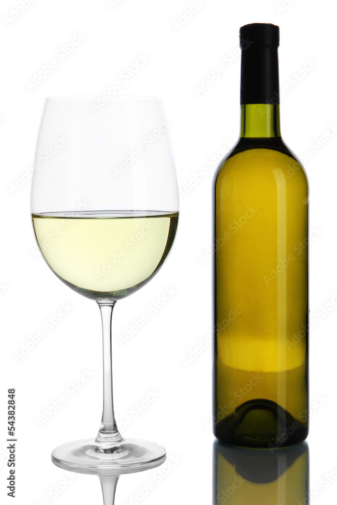 White wine glass and bottle of wine isolated on white White wine glass and bottle of wine isolated on white