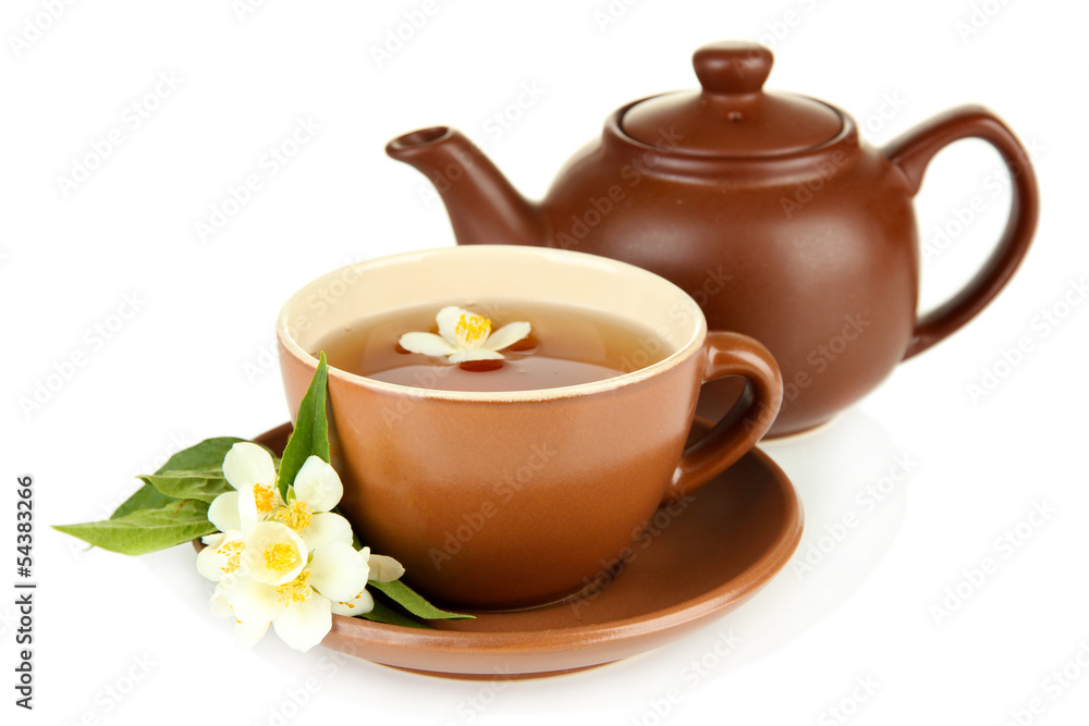 Cup of tea with jasmine, isolated on white Cup of tea with jasmine, isolated on white