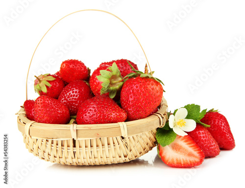 Ripe sweet strawberries in basket  isolated on white