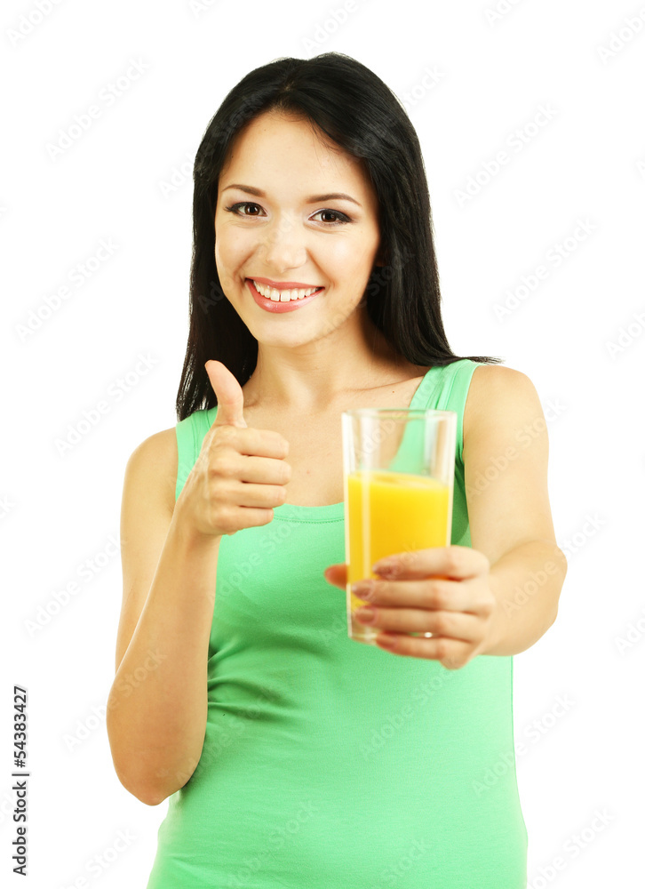 Girl with fresh orange juice isolated on white Girl with fresh orange juice isolated on white