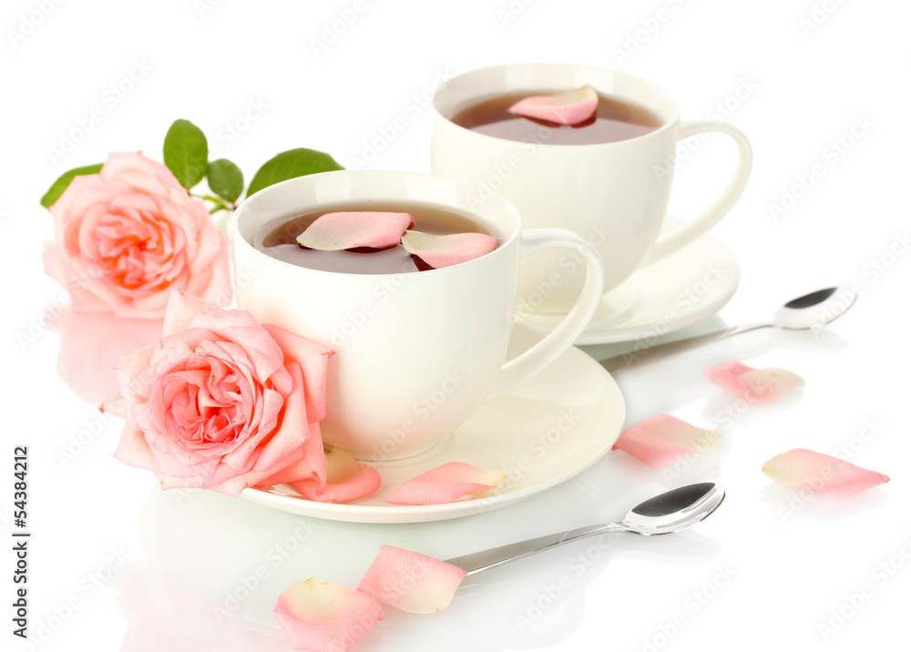 cups of tea with rose isolated on white cups of tea with rose isolated on white