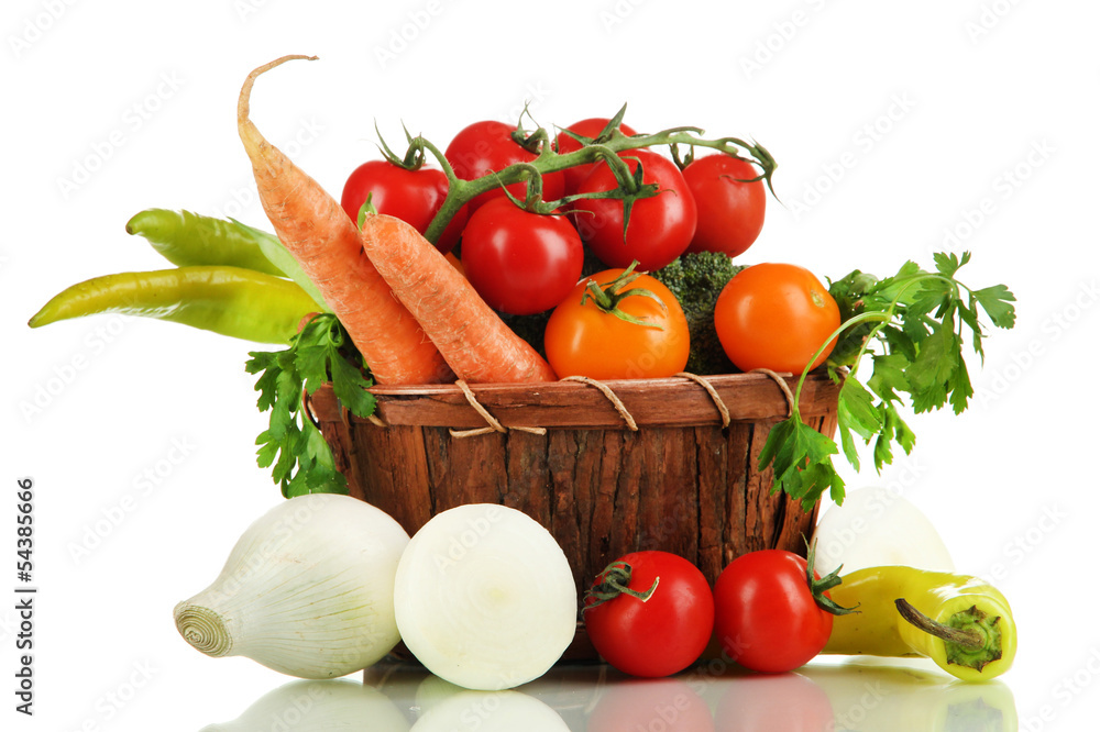Fresh vegetables in basket isolated on white Fresh vegetables in basket isolated on white