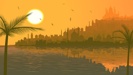 Illustration of big arab city by sea at sunset.