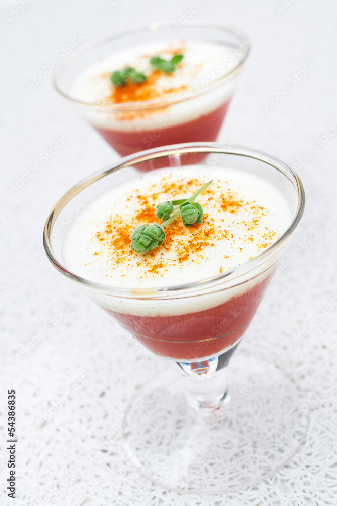 bilayer tomato panna cotta with smoked pepper and yogurt