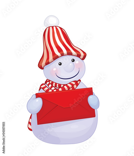 Vector of fun snowman holding red envelope isolated.