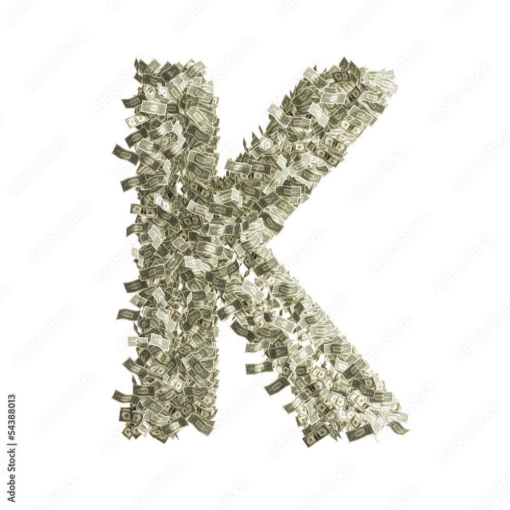 Buchstabe K gebildet aus Dollar Banknoten Buchstabe K gebildet aus Dollar Banknoten
