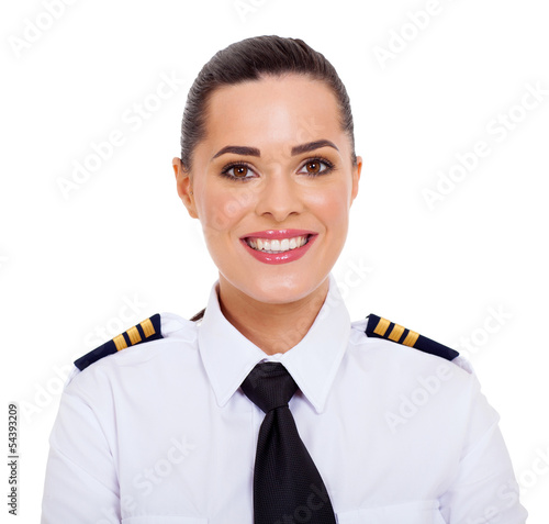 female airline pilot closeup portrait