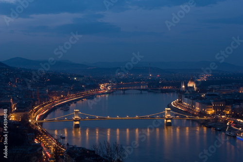 Chain Bridge in floodlight in Budapest, Hungary.
