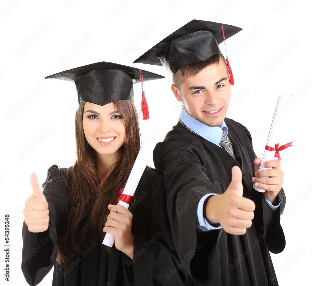 Two happy graduating students isolated on white Two happy graduating students isolated on white