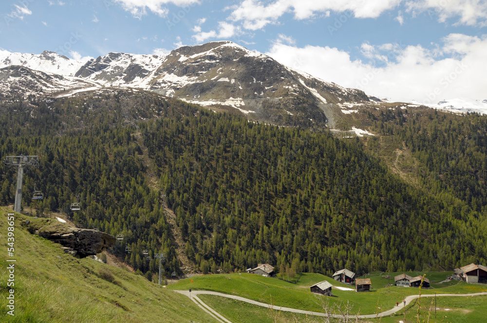 Chalets in pasture beneath Riffelalp in the Swiss Alps Chalets in pasture beneath Riffelalp in the Swiss Alps