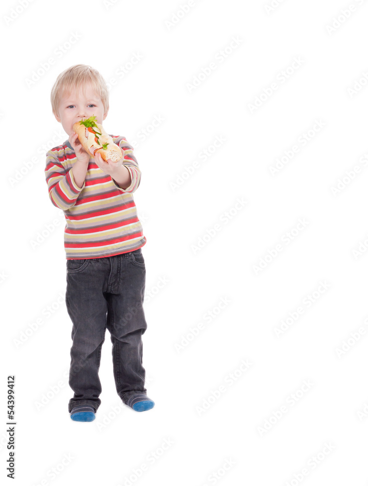 boy eating large sandwich on white background boy eating large sandwich on white background