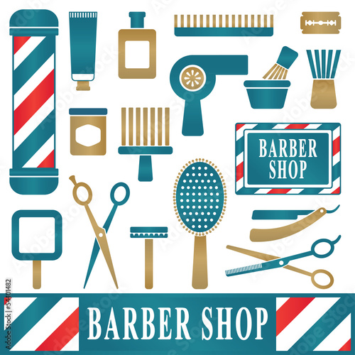 Barber and hairdresser silhouette icons with golden details