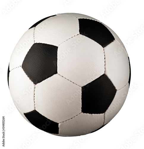 A classical soccer ball, also called football ball, with black pentagons and white hexagons. 