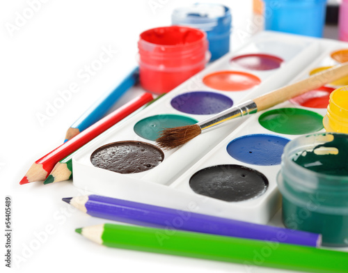 Colorful paints and pencils