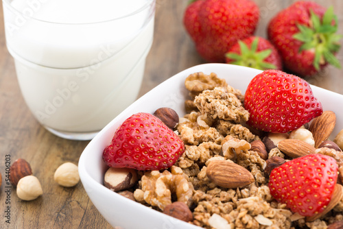 Healthy breakfast with cereals  milk and strawberry