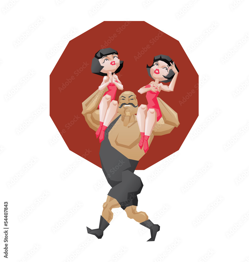 smiling mighty strongman hold a two girls in shoulders smiling mighty strongman hold a two girls in shoulders