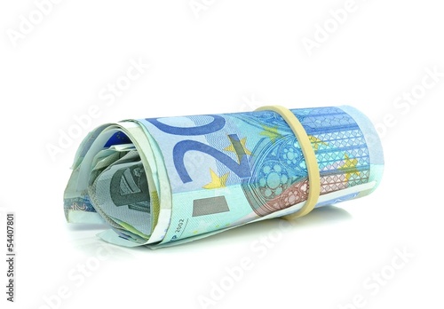 A roll of Euro money banknotes on white background
