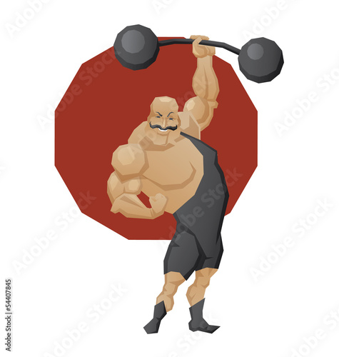 Smiling strong man lift a barbell photo