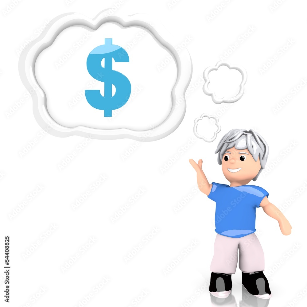 3d graphic of a isolated Dollar sign  thought by a 3d character
