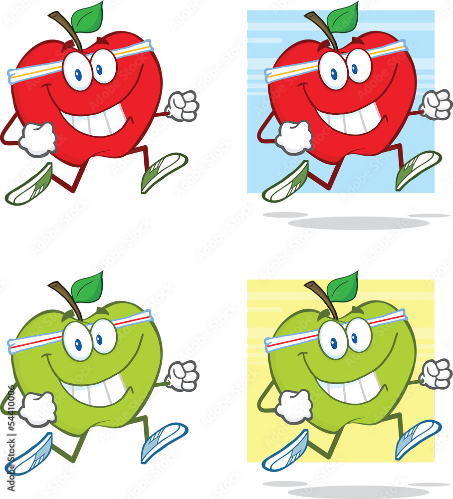 Obraz premium Healthy Apples Cartoon Character Jogging. Collection