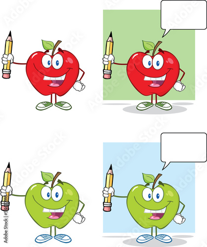 Happy Apples Characters Holding Up A Pencil.Collection