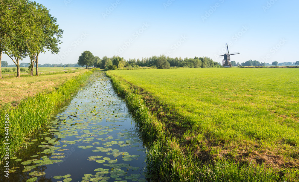 Typical Dutch polder landscape with an old windmill