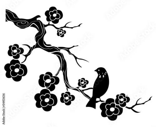 Bird on twig with flowers