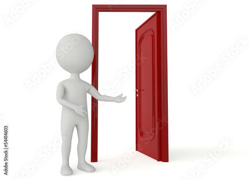 3d humanoid character with a open red door photo