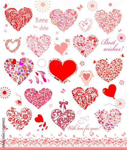 Set of cute red and pink hearts
