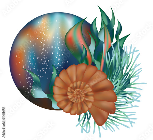 Underwater world banner with seashell, vector