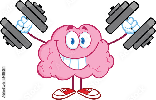 Smiling Brain Cartoon Character Training With Dumbbells