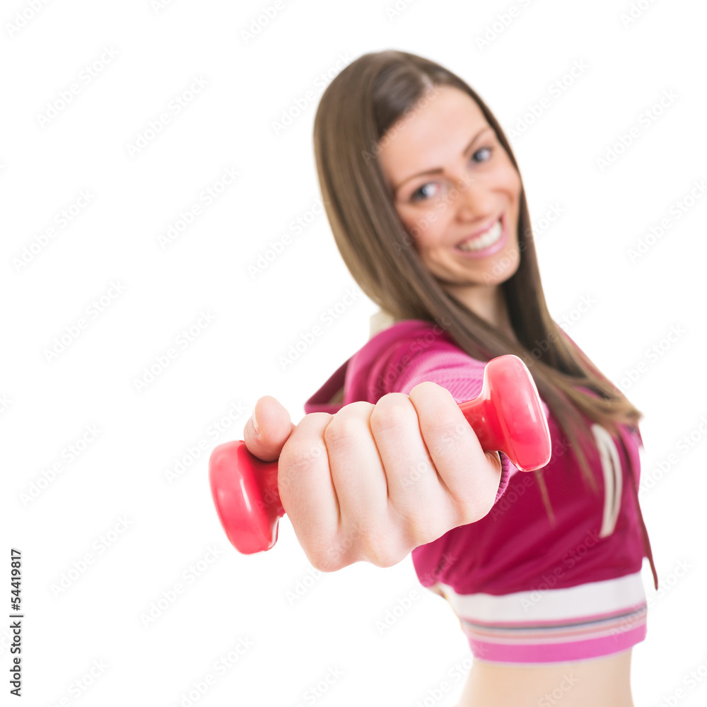 Happy young woman working out with pink dumbbell Happy young woman working out with pink dumbbell