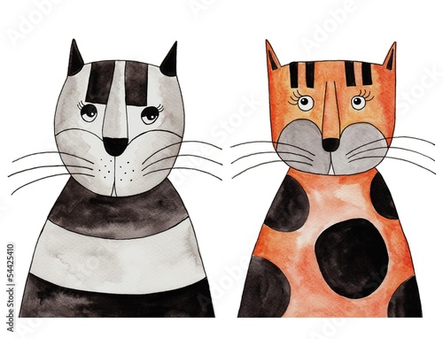 Cats. Artwork, ink and watercolors on paper