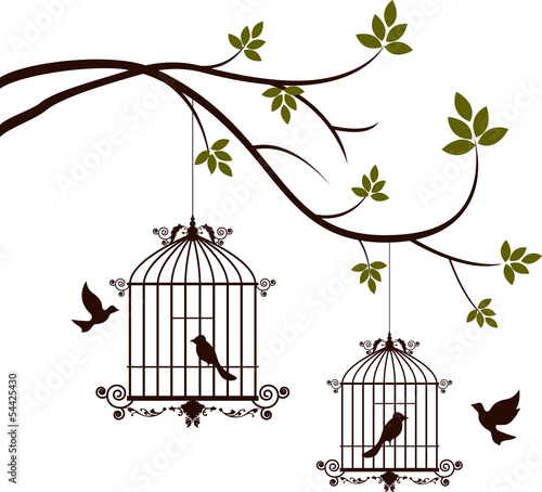 tree silhouette with birds flying and bird in a cage