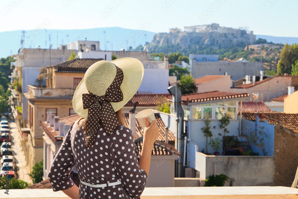 young woman looking at Acropolis, travel concept