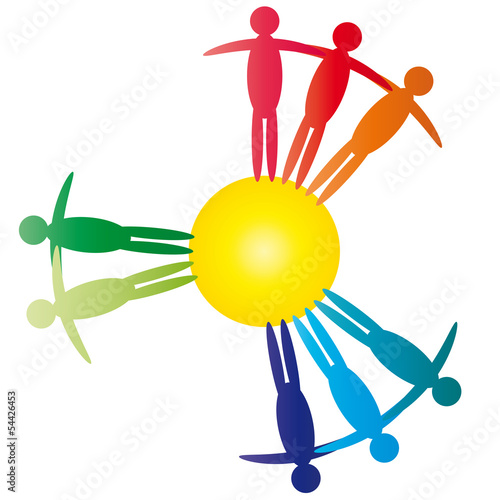 Team, Gruppe von unterschiedlichen Menschen in Gemeinschaft - abstrakte Menschen im Kreis - Aufstellung, Zusammenhalt und gemeinschaftliches Handeln, Inklusion und Toleranz, Regenbogen