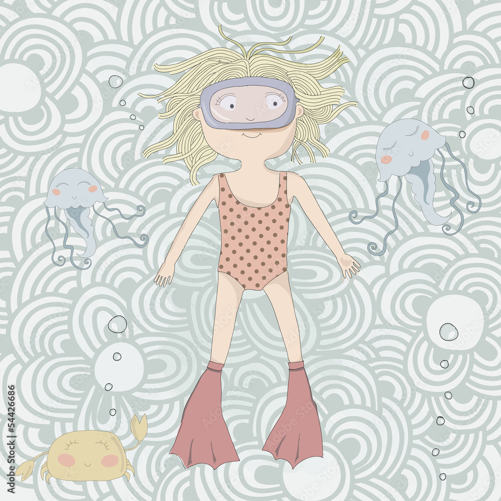 Childrens illustration of a girl under the water Childrens illustration of a girl under the water