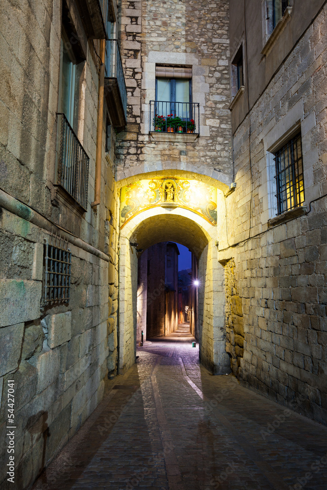 Morning view of medieval street in Girona