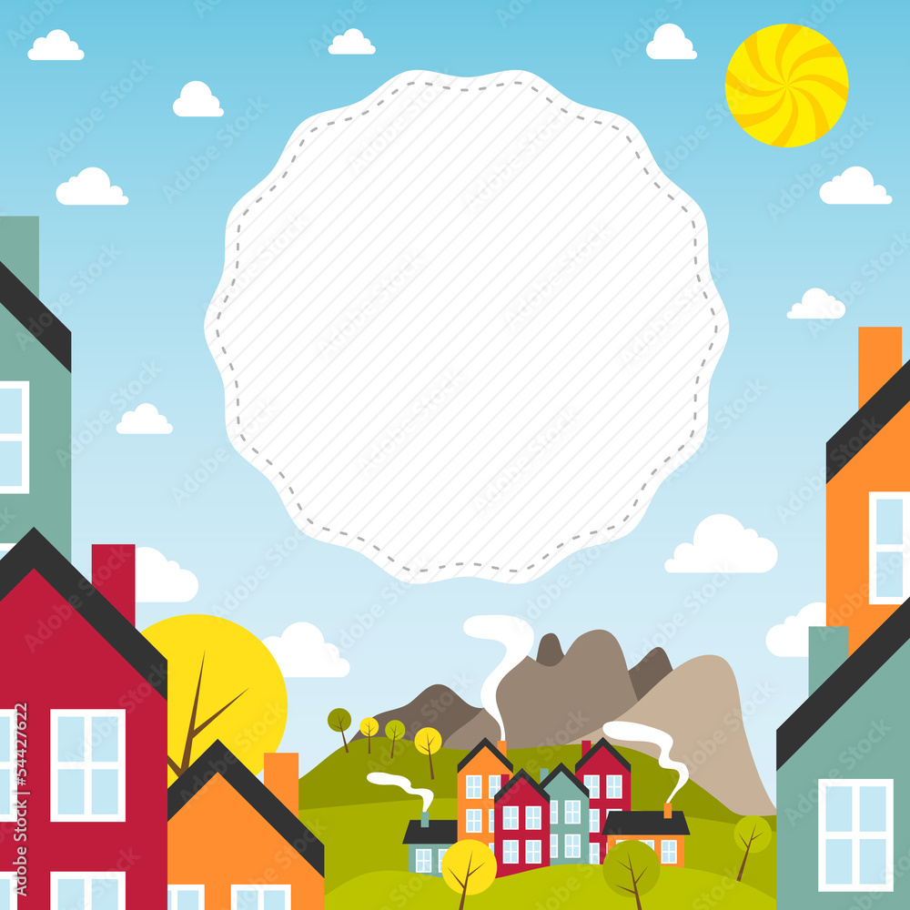 Banner with small town. Vector illustration.