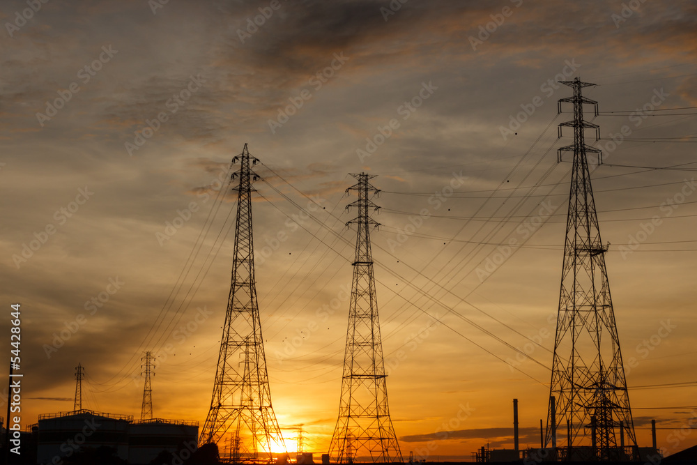 Electric pylons at sunrise.