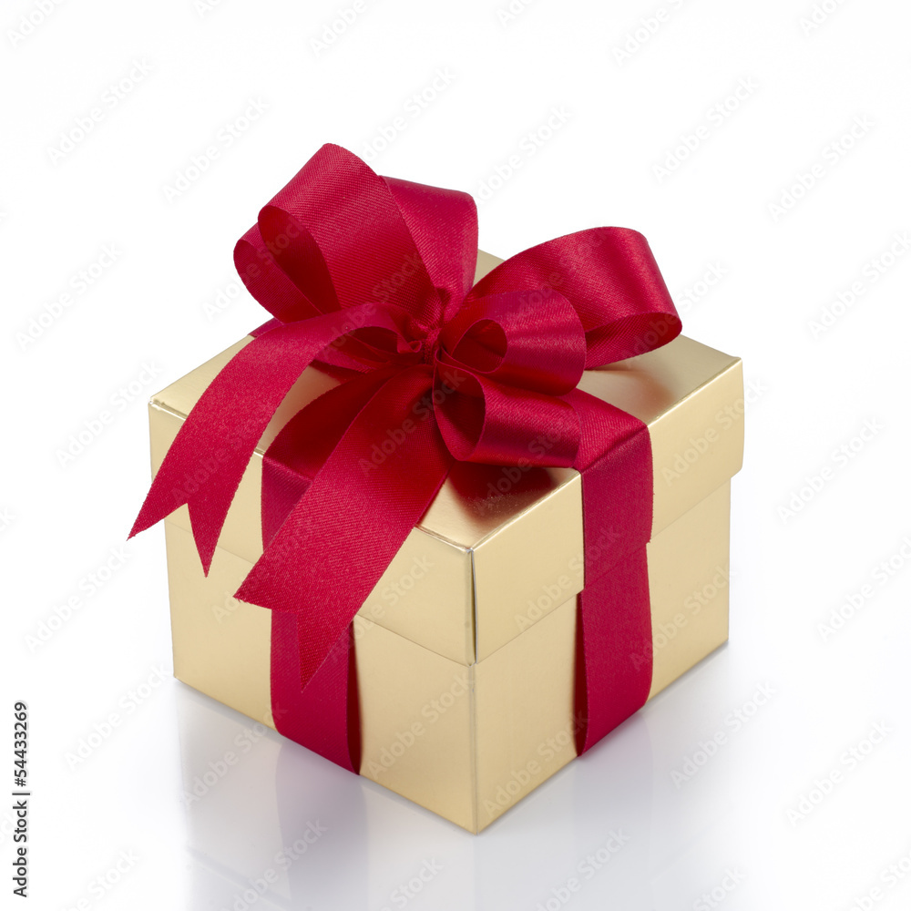 Fototapeta premium Beautiful gold present box with red bow and ribbons