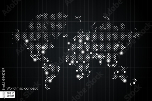 Stylized World Map concept. Night view with spot lights.