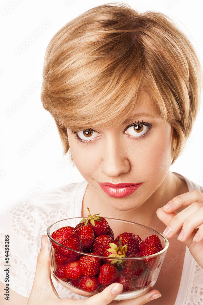 beautiful blond woman eating strawberries beautiful blond woman eating strawberries