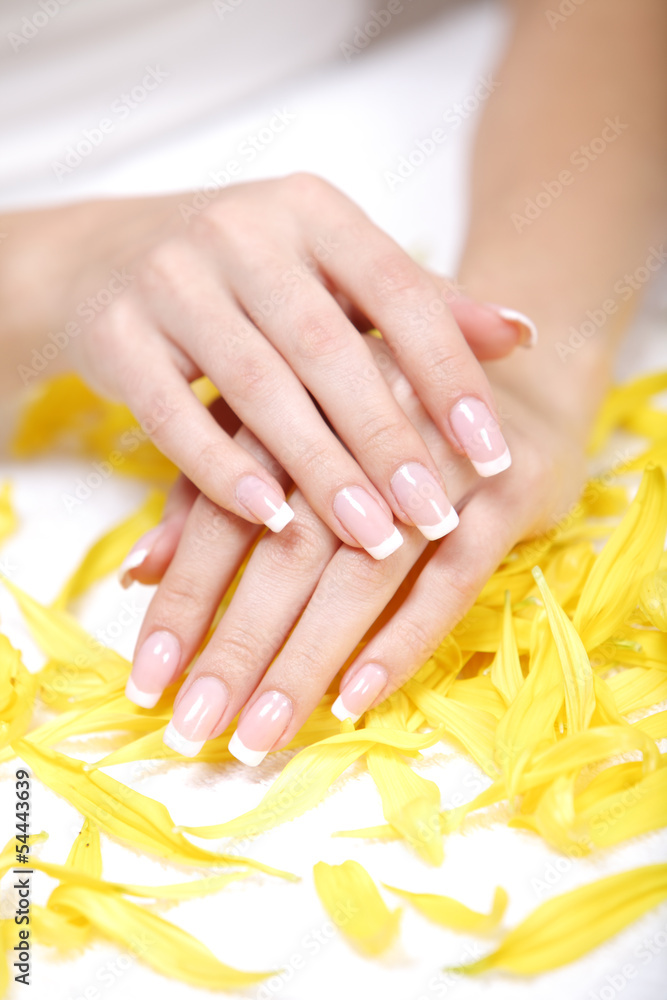 Naklejka premium beautiful hands on the white towel