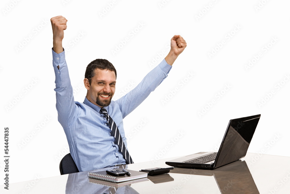 businessman with his hands raised businessman with his hands raised