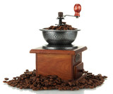 Coffee grinder with coffee beans, isolated on white
