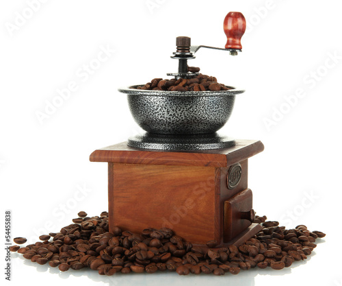 Coffee grinder with coffee beans, isolated on white