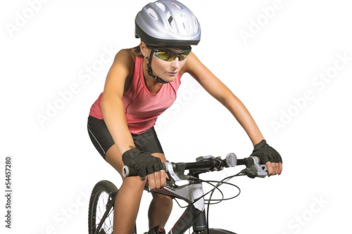 professional female cycling athlete riding mountain bike and equ